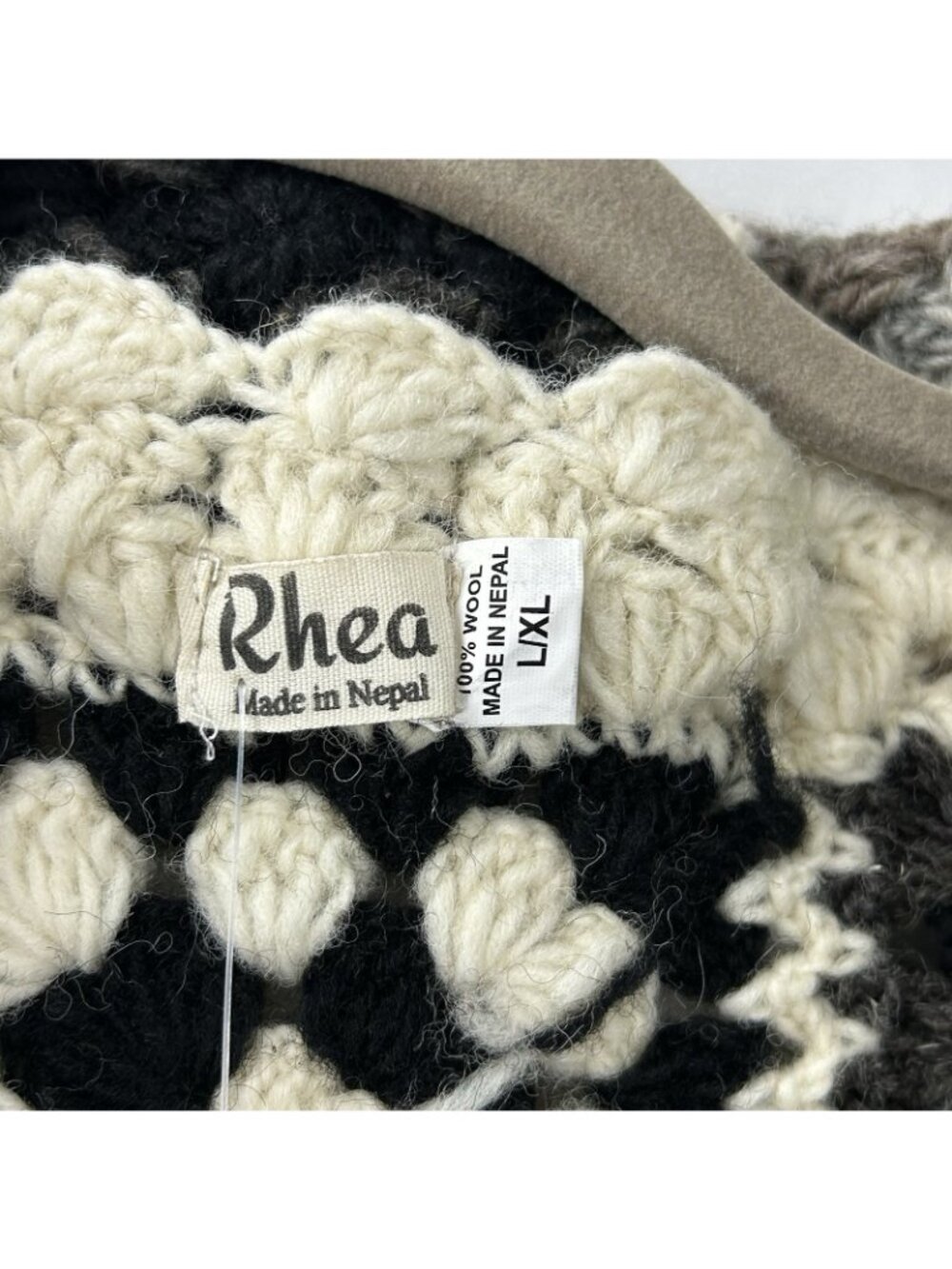 Rhea Wollon Jacket 100% Wool Cardigan L/XL Open Front Collared Crochet Flowers - Picture 7 of 16